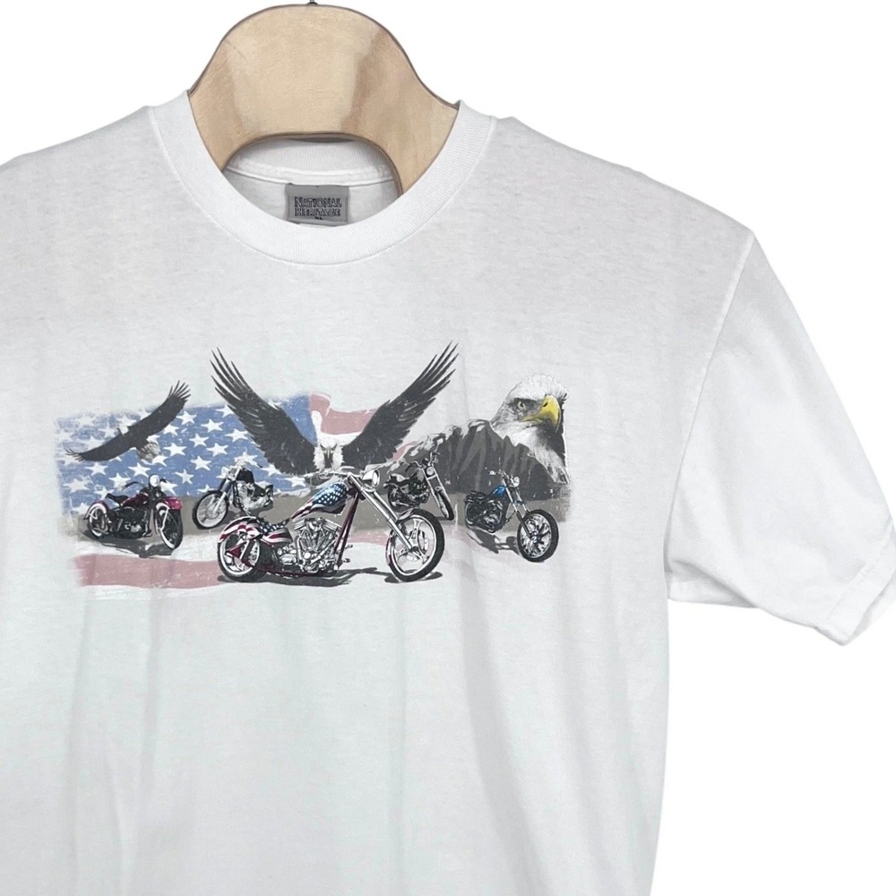 National Heritage Biker T-Shirt White Vintage 90s Americana Eagle Flag Mens XL